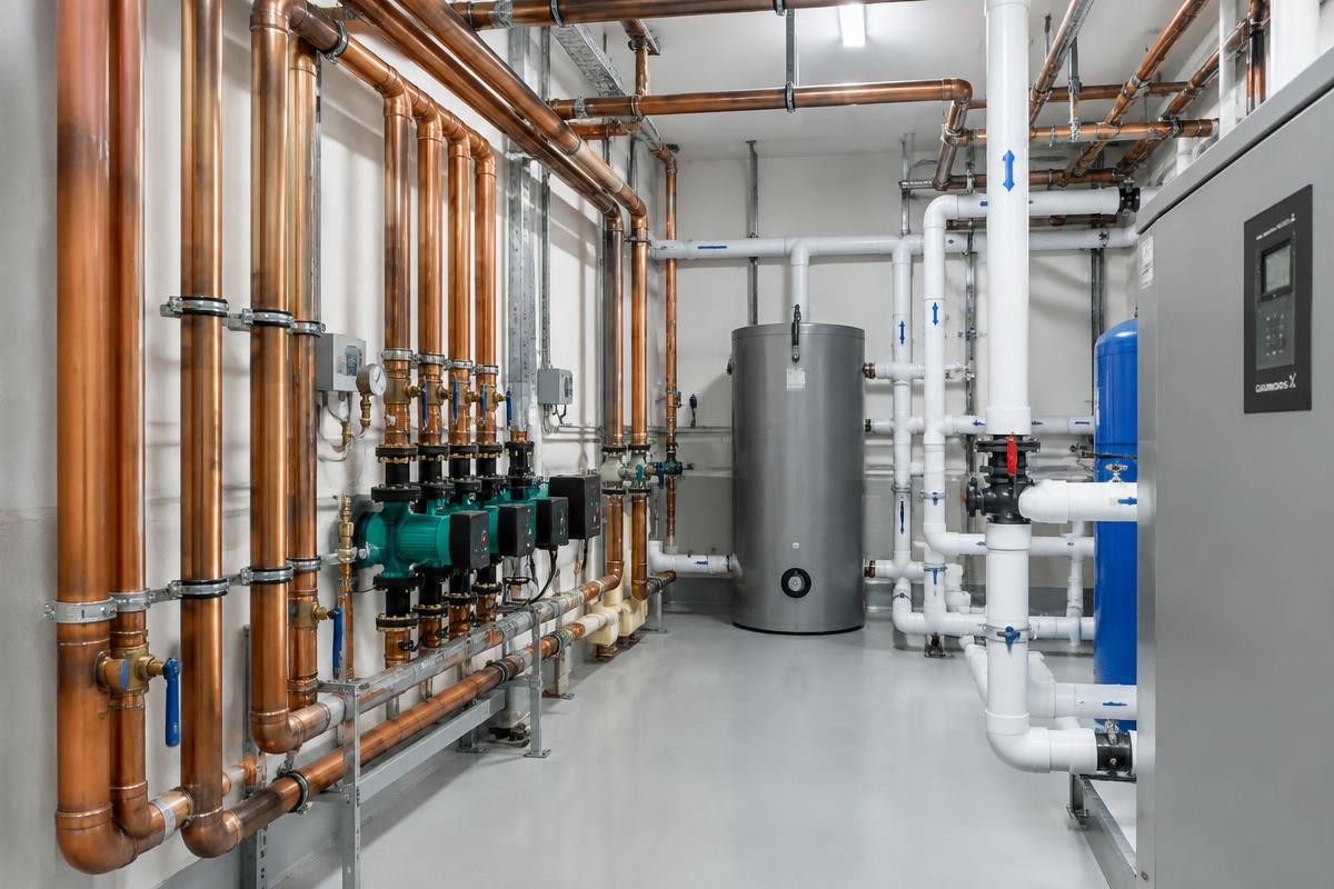 Commercial plant room with copper and PVC pipework