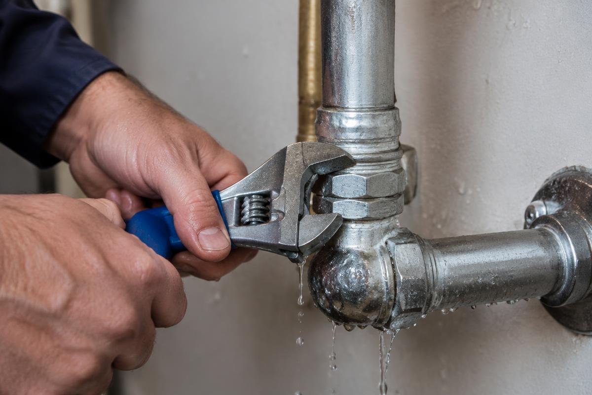 Water dripping from a pipe joint being repaired with a wrench